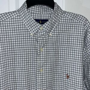 Polo Ralph Lauren Gray White Gingham Checked Plaid w/Pony LS Summer Shirt LT